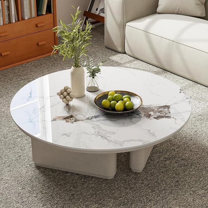 Table Top 31.5″ Round White Marble Sintered Stone - Heat Scratch Stain Resistant for Dining Office Bar Patio, Weatherproof Easy Clean