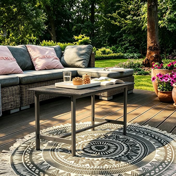 mapleway 33" Outdoor Coffee Table for Patio, Heavy Duty Metal Frame with Wood Slat Top, Weather Resistant Outside Table for Garden Deck Balcony Porch, Easy Assembly, Black