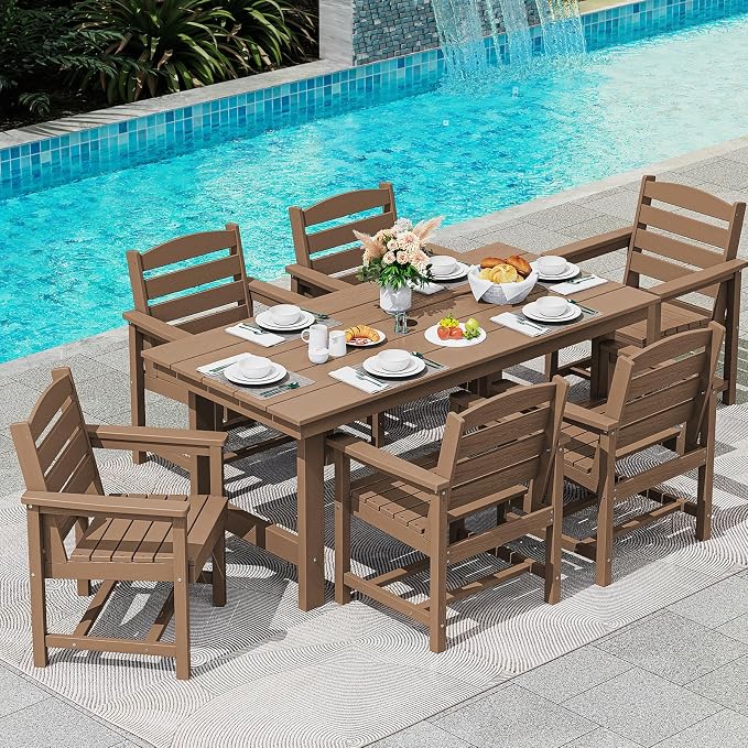 SERWALL 7 Pcs HDPE Dining Set, 1 Umbrella Hole Table & 6 Chairs, Brown | HDPE Outdoor Dining Furniture with Rectangular Table & 6 Chairs, All-Weather Resistant SERWALL Dining Set for 6