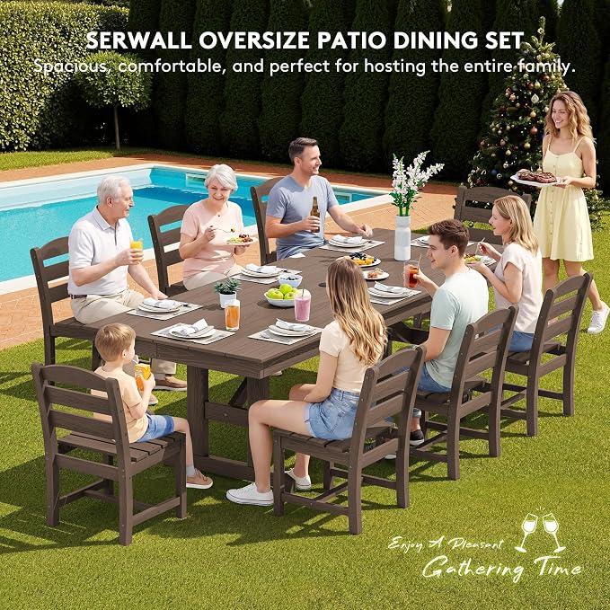 SERWALL 10 Piece Outdoor Dining Set with 15ft Triple-Head Foldable Umbrella, 84" HDPE Outdoor Table and Armless Chairs Set for 8,All Weather Patio Furniture Set with Umbrella Hole for Backyard, Brown