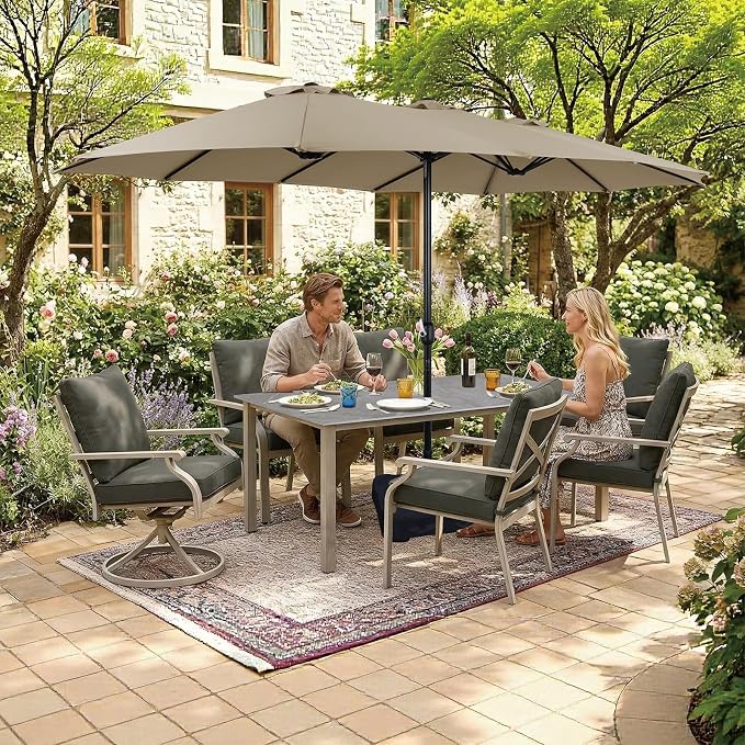 7-Piece Patio Dining Set, Grey Food-Grade Sintered Stone Dining Table with Umbrella Hole, 4 Dining Chairs and 2 Swivel Chairs with Grey Removable Thickened Cushions for Garden Lawn Yard