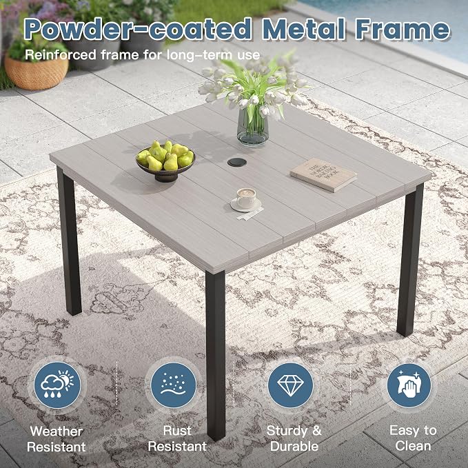 DIFY 40.2" Square Outdoor Dining Table for 4, Slatted Metal Patio Table with Adjustable Umbrella Hole, All-Weather Patio Dining Table for Garden Backyard Deck, Grey Wood-Like Tabletop