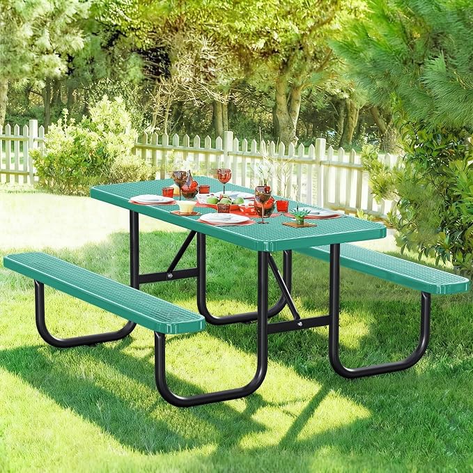 6FT/72IN Heavy Duty Outdoor Picnic Table and 2 Benches for 4-8 People, Weather Resistant Rectangular Steel Picnic Table Set with Umbrella Hole for Yard Patio Lawn Party Green