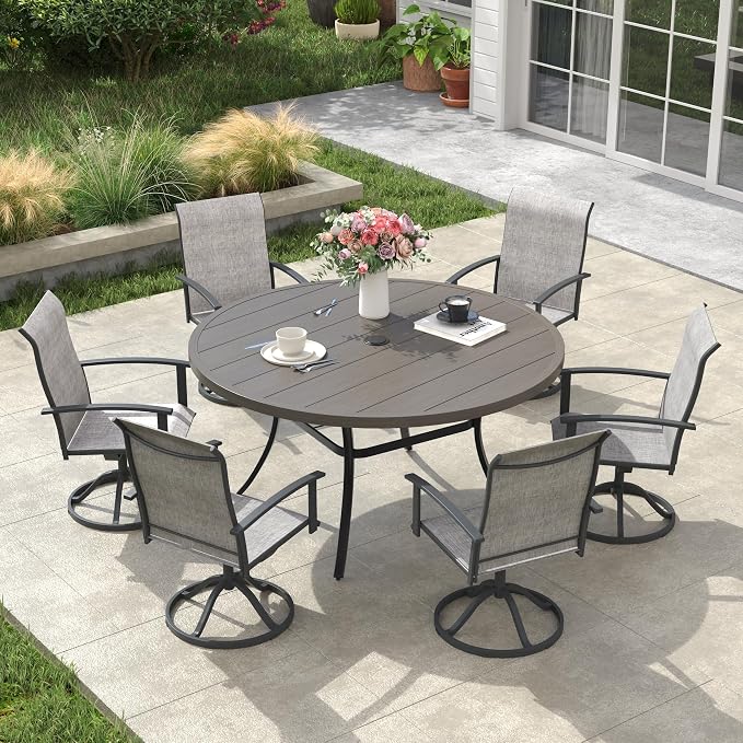 VICLLAX 50" Round Patio Table, Outdoor Dining Table for 6 with Umbrella Hole for Garden Lawn Deck Backyard, Antique Grey