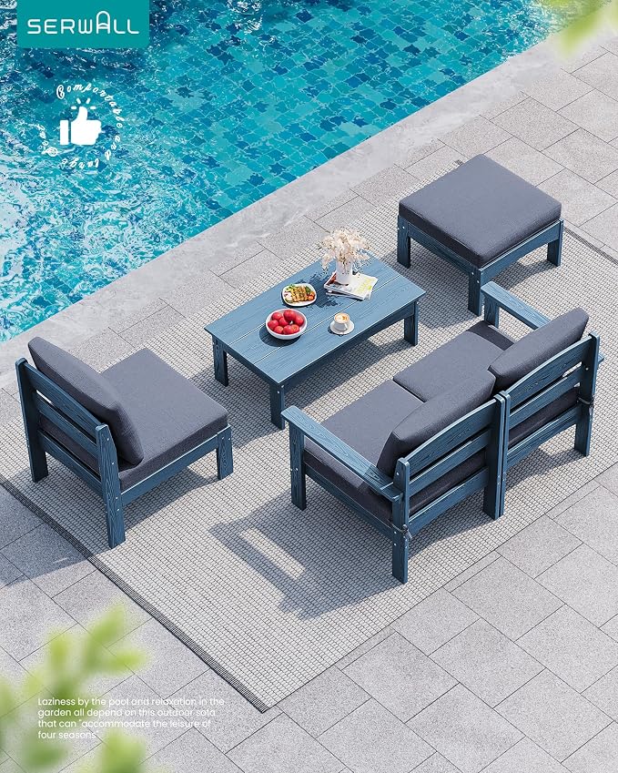 SERWALL 5-Piece Patio Sofas, All-Weather HDPE Outdoor Sectional Sofa with Cushions and Coffee Table, Large Modular Patio Conversation Set for Garden, Lawn, Deck, Porch, Blue Frame with Grey Cushion