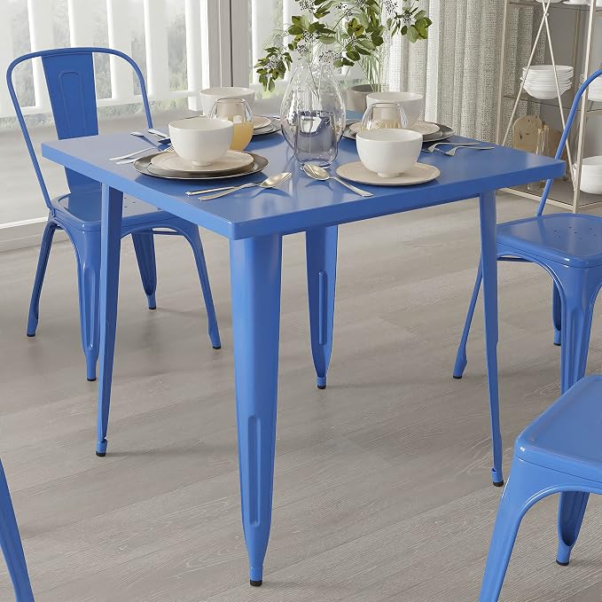 Merrick Lane Nash Indoor-Outdoor Dining Table Only - Blue Powder Coated Finish - 31.5" Square Top - 27.25" Wide Base - Bracing for Added Stability