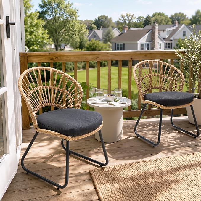 Rattan Patio Dining Chairs Set of 4, Hand-Woven Wicker Outdoor Chair | Shell Shaped Back with 2.6” Black Cushion, Sled Metal Frame Patio Side Chairs for Garden Backyard Porch