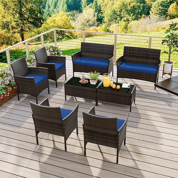 4 Piece Patio Furniture Set, Sectional Conversation Sofa Set with Glass Coffee Table, Cushions & Loveseat, Wicker Outdoor Table and Chairs for Pool, Garden, Deck, Backyard (2, Navy)