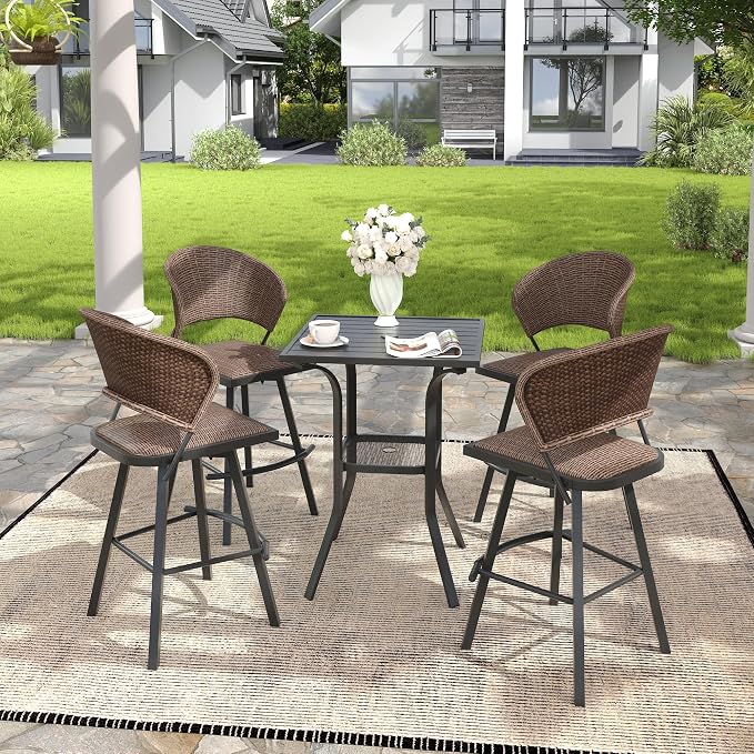 VICLLAX Patio Bar Height Table, Outdoor Square Bistro Table with Umbrella Hole, Metal Frame and Slat Design, Ideal for Patio Lawn Backyard Porch, Black
