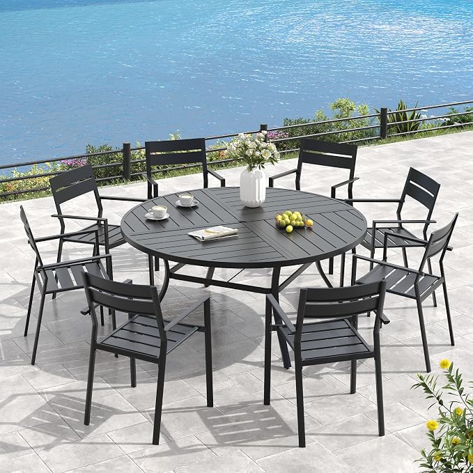 VICLLAX 53" Round Outdoor Table, Patio Dining Table for 8 with Umbrella Hole for Garden Lawn Deck Backyard, Black