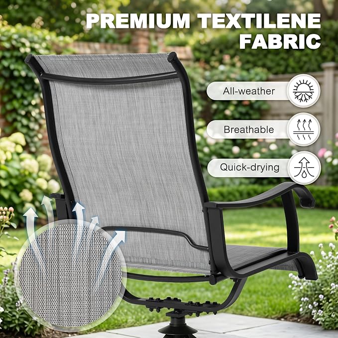 NUU GARDEN 7-Piece Outdoor Dining Set, Metal Patio Table with Umbrella Hole, 6 High-Back All-Weather Textilene Swivel Chairs for Garden, Poolside and Backyard, Black and Light Gray