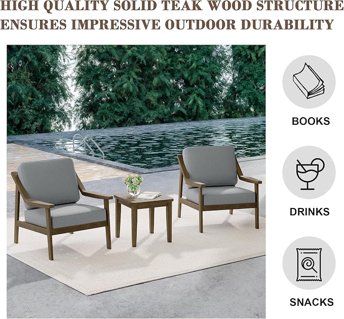 Outdoor Patio Furniture Set, 3 Piece Patio Conversation Sets with Washable Thick Cushions, All-Weather Solid Wood Patio Bistro Set for Porch, Balcony, Natural Frame & Gray Cushion