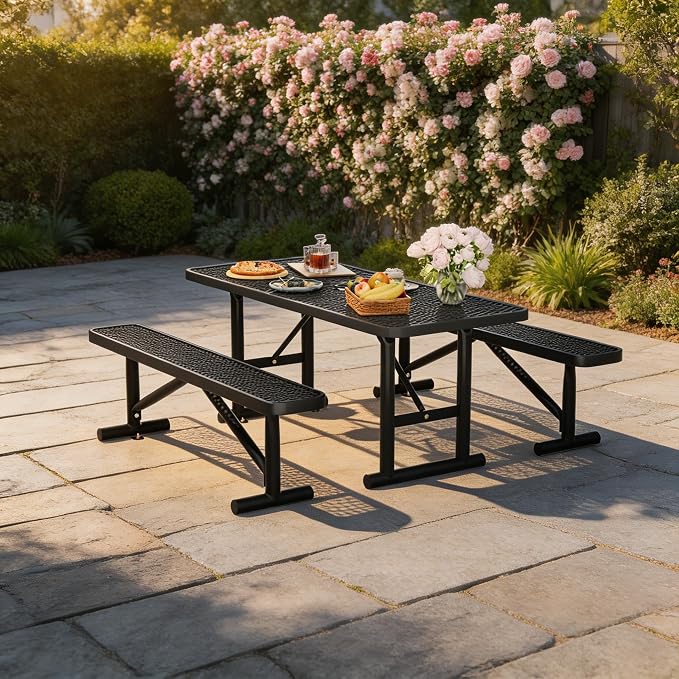 6FT Outdoor Metal Picnic Table with 2 Benches,Heavy Duty Rectangular Picnic Table Set for Outside, Waterproof Commercial Restaurant Table Furniture for Park, Campfield, Patio, Garden, Yard