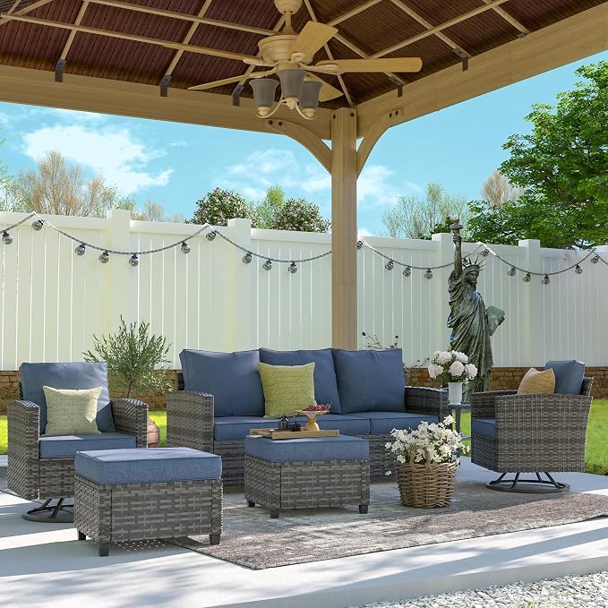 UDPATIO Patio Furniture Set, 6 Pieces Outdoor Sectional Couch with Swivel Rocking Chair, Gray Wicker Rattan Sofa with Side Table, 4" Thick Cushion for Garden Backyard Deck,Blue