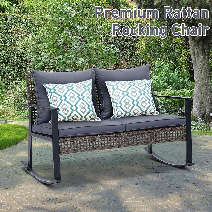Ainfox Outdoor Wicker Loveseat Rocking Chair, Patio Rattan Rocker Chair with Cushions,All-Weather Modern Cozy Rocking Wicker Furniture for Garden Backyard Porch, Grey