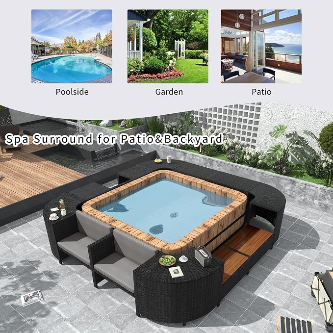 LUMISOL Outdoor Spa Surround Furniture with Storage Spaces, Patio Rattan Sectional Sofa Set with Mini Sofa, Gray