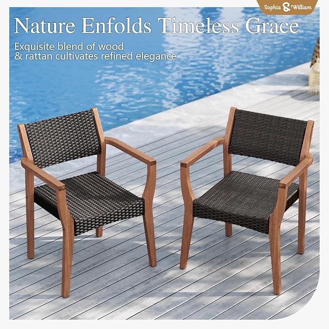 Sophia & William Patio Dining Chair Set of 2, Outdoor Rattan Wicker Dining Chairs with Sturdy Acacia Wood Frame,Weather Resistant Accent Chairs for Garden, Backyard, Poolside, Balcony