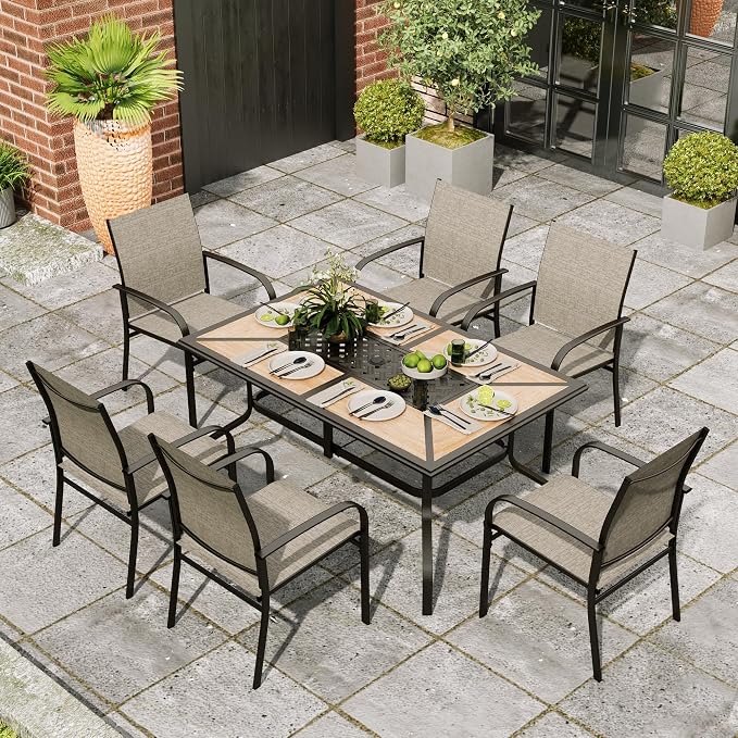 MIXPATIO Outdoor Patio Dining Table for 6, 61" x 38" Rectangular Metal Patio Dining Table with Umbrella Hole for Garden, All Weather Wrought Iron Black Outdoor Table Backyard and Porch