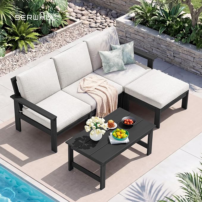 SERWALL HDPE Outdoor Ottoman with Cushions