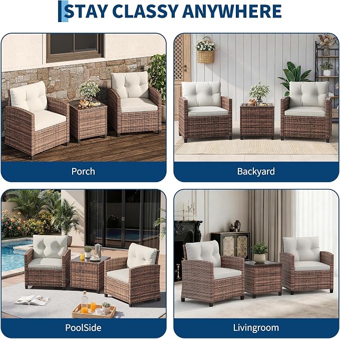 GarveeHome 3-Piece Outdoor Wicker Sofa Set, PE Rattan Patio Furniture with Removable Washable Beige Cushions & Tempered Glass Table, Conversation Seating for Garden, Poolside, Balcony, Brown Wicker