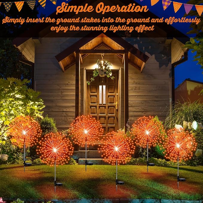 Tujoe 6 Pcs Fall Solar Firework Stake Lights 180 LED 8 Modes Solar Waterproof LED Sparkler Lights Outdoor Decoration for Summer Halloween Xmas Holiday Garden Patio Yard Pathway Walkway, Orange