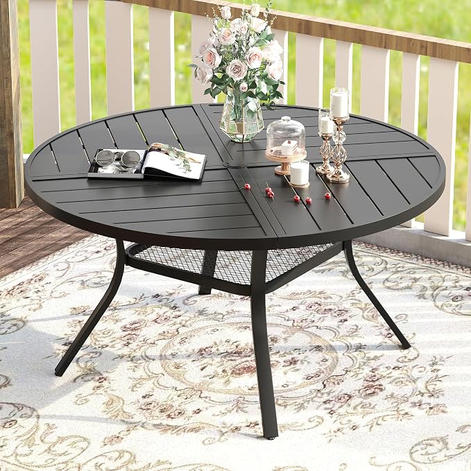 VICLLAX Round Patio Table with Adjustable Umbrella Hole for 6, All Weather 47.2" Metal Outdoor Dining Table for Lawn Garden, Black