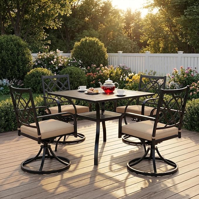 Oakcloud 5-Piece Metal Outdoor Patio Furniture Outdoor Dining Set, 4 Metal Swivel Chairs and Square Dining Table with Umbrella Hole