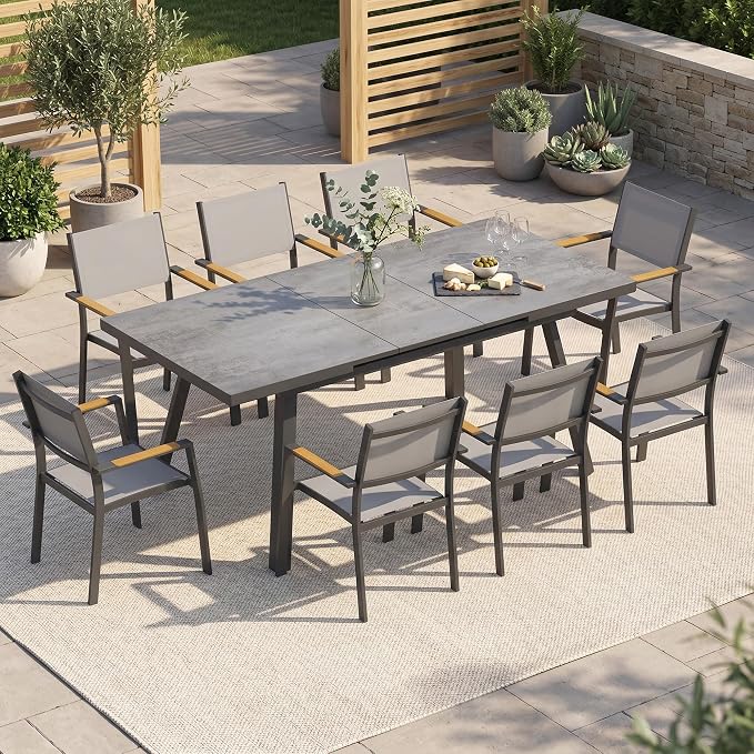 RoyalCraft 9-Piece Outdoor Dining Set with Adjustable Length Dining Table, 75" L×36" W Expandable Patio Table and Chairs Set for 8, Aluminum Stackable Chairs with Quick Drying Fabric for Porch, Grey