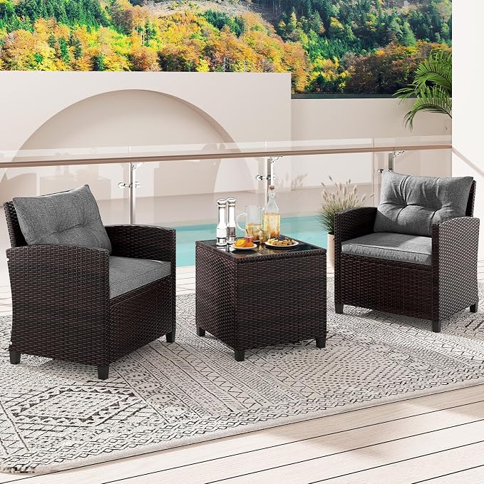 DORTALA Wicker Patio Furniture Set 3 Piece, Outdoor Table and Chairs with Tempered Glass Tabletop, Cushions, Small Rattan Conversation Sofa Set for Balcony, Porch, Backyard, Deck, Grey