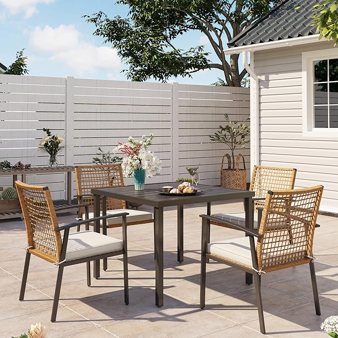 LAUSAINT HOME Outdoor Dining Table for 4, Square Table with Umbrella Hole, Weather Resistant Heavy Duty Metal Frame Table for Lawn Garden Backyard, L37 xW37 xH29