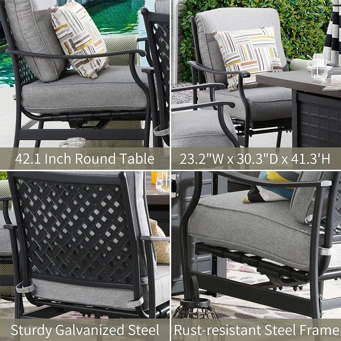 Patio Conversation Set Outdoor Furniture CSA Certification 50,000 BTU 33.9 Inch Propane Fire Pit Table Sets with Rocking Chairs Thick Cushions(5 Pcs,Grey)