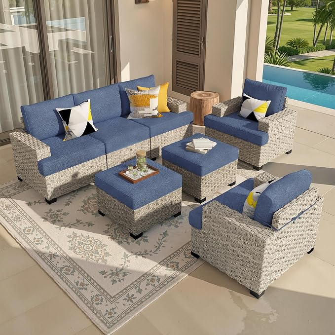Weaxty 7 Pieces Outdoor Furniture Set, Patio Sectional Sofa Wide Seats Couch Chair with Ottoman, Thick Cushion All-Weather Rattan Patio Conversation Sets for Backyard Porch Balcony, Denim Blue