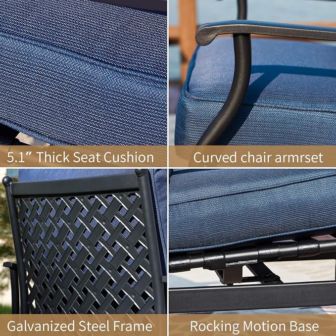 Patio Chairs Bistro Rocking Sofa Chair Modern Outdoor Furniture Set Conversation Sets with 5.1 Inch Thick Seat Cushions (2PCS-2, Blue)