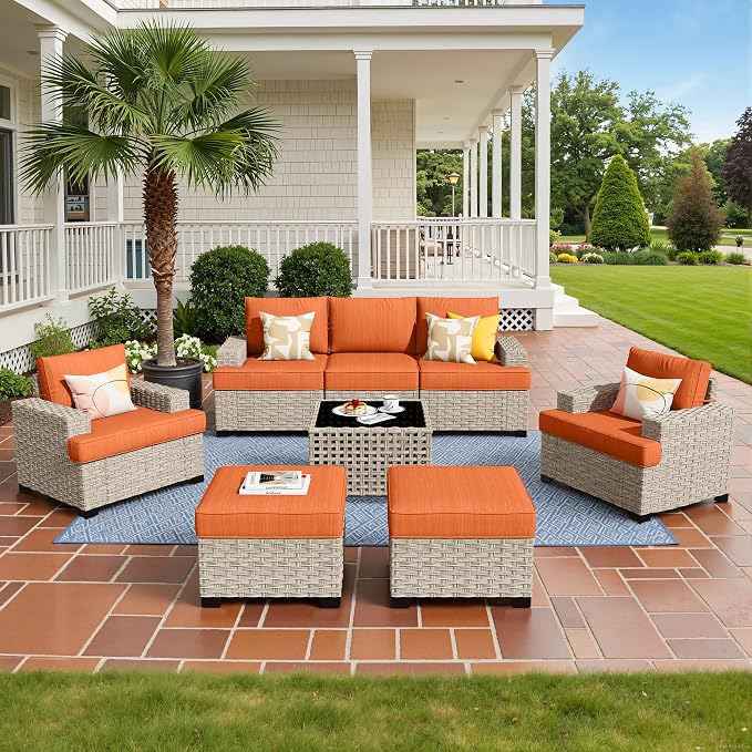 Weaxty 8 Pieces Outdoor Furniture Set, Patio Sectional Sofa Wide Seats Couch Chair with Ottoman Solar Table, Thick Cushion All-Weather Rattan Patio Conversation Sets for Backyard Porch Deck, Orange
