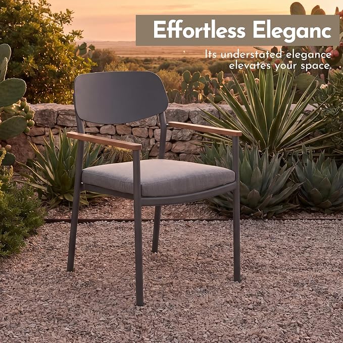 Modern Shade Lusso Outdoor Dining Chairs Set of 2, Fade Resistant, All-Aluminum Outdoor Chairs with FSC Teak Wood Armrests, Weather-Resistant Patio Chair with Quick Dry Cushion, Gray