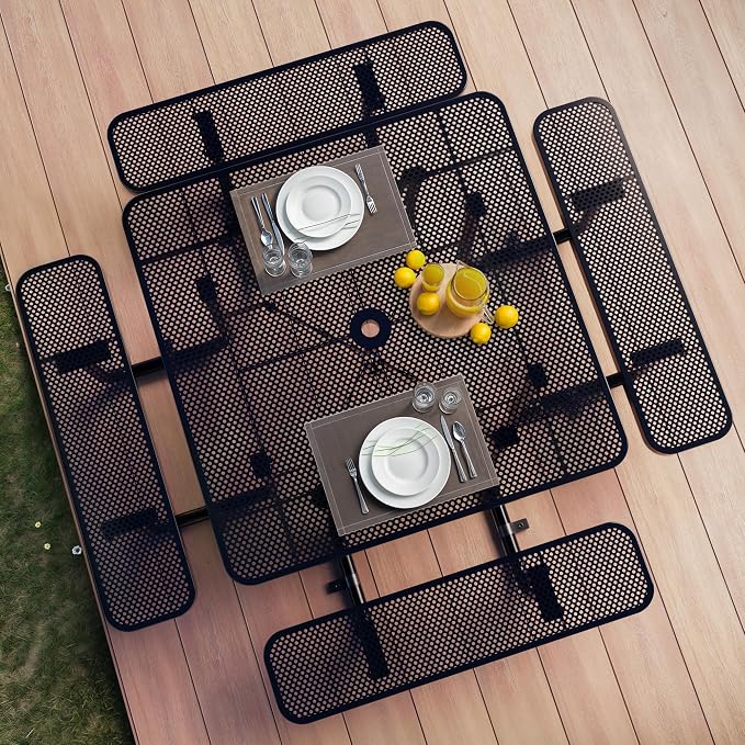 Metal Picnic Tables for Outdoors with Umbrella Hole - Coated Steel Heavy Duty Commercial Grade Furniture (Black, 46 in, Square, Punched Steel)