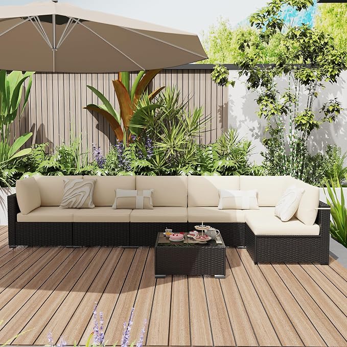 KIGOTY 7-Piece Patio Furniture Set, All-Weather PE Rattan Outdoor Sectional Sofa, Modular Wicker Conversation Set with Thick Cushions & Easy-Clean Coffee Table(Black/White)