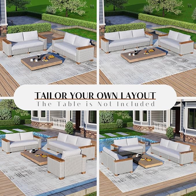 LUXOAK 4-Piece Outdoor Patio Furniture Set, All-Weather Wicker Sofa with 5.9" Solid Wood Armrests, Wooden Legs, and Cushions – Sectional Conversation Set for Backyard, Porch, Garden, or Poolside