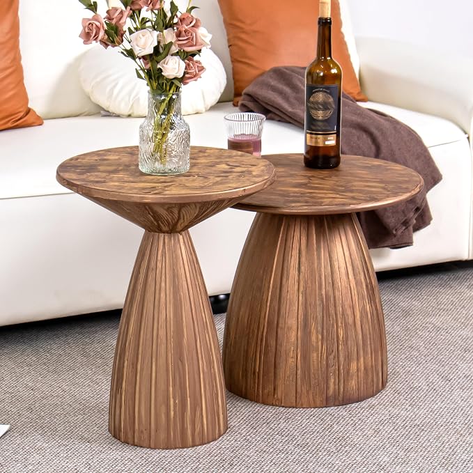 Metal Small Patio Table Set of 2, Round Outdoor Side Table, Wood Color Outdoor Accent Patio End Table, for Garden, Pool, Deck, Balcony, Yard, Living Room, Weather Resistant, No Assembly