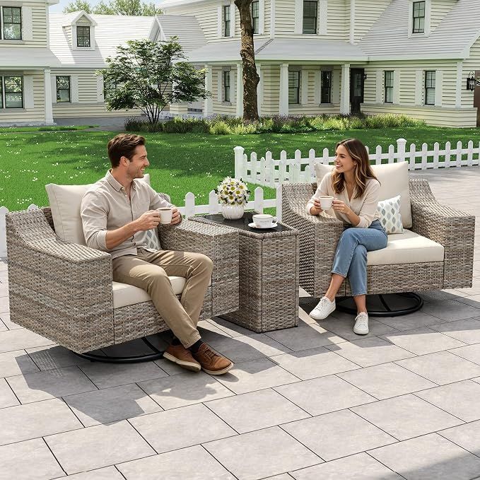 LUXOAK 3-Piece Outdoor Wicker Patio Furniture Set, 360° Swivel Rocking Chairs with Storage Side Table, PE Rattan Conversation Set with 6" Wide Armrests & Thick Cushions, for Porch/Deck/Garden/Backyard