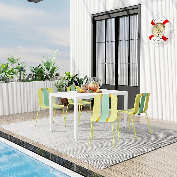LUMISOL 5 Piece Outdoor Dining Table Set, All Weather Rectangular Table and Chairs Set with Striped Color Block Chairs and Sturdy Metal Legs for Garden, Backyard, Poolside, Yellow+Green+Orange