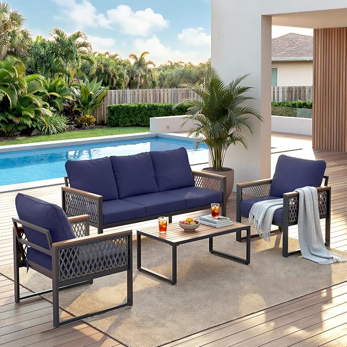 UPHA 4 Pieces Patio Furniture Set, Metal Outdoor Sectional Couch Set with 3-Seat Sofa, 2 Chairs, Coffee Table, Modern Patio Conversation Set for Porch Balcony Deck, 5 Seats, Navy Blue