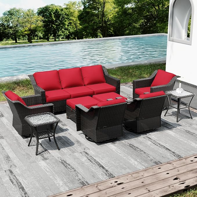Joyside Wicker Patio Furniture Sets, 9 Pieces Upgraded Large Size Outdoor Furniture with 4 Swivel Rocking Patio Chairs, 3-Seat Sofa, Outdoor Ottoman, Thick Cushions, Wide Armrest, Red