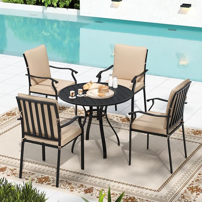 5 Piece Outdoor Patio Dining Set, 36’’ Round Dining Table with Umbrella Hole & 4pcs Metal Dining Chairs, Outdoor Furniture Dining Set for Patio, Balcony, Lawn, Garden, Backyard