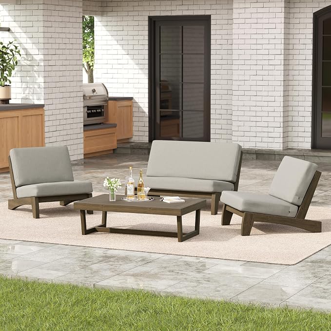 4 Pieces Patio Furniture Sets, All-Weather Outdoor Wood Bistro Set Patio Conversation Coffee Table Chiars and Patio Loveseat for Balcony, Backyard