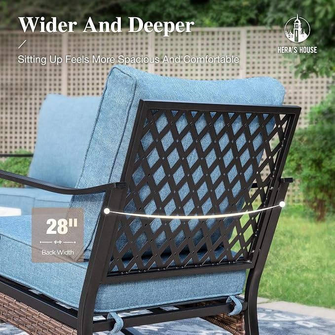 HERA'S HOUSE 4 Piece Metal Patio Furniture Set, All Weather Outdoor Conversation Set with 3 Seat Sofa, 2 Rocking Chairs & Coffee Table, Seats 5 for Backyard, Garden, Deck, Navy Blue