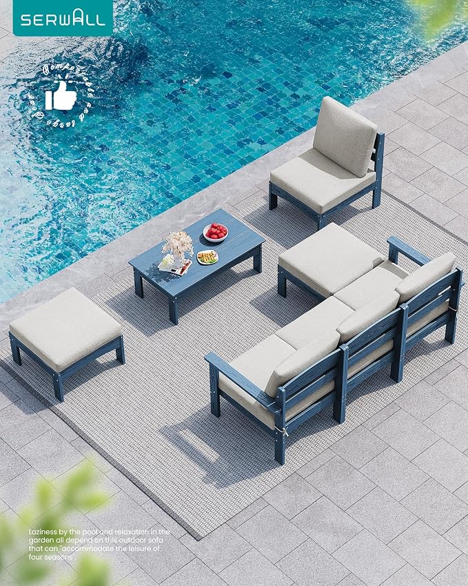 SERWALL 5-Piece Patio Sofas, All-Weather HDPE Outdoor Sectional Sofa with Cushions and Coffee Table, Large Modular Patio Conversation Set for Garden, Lawn, Deck, Porch, Blue Frame with Khaki Cushion