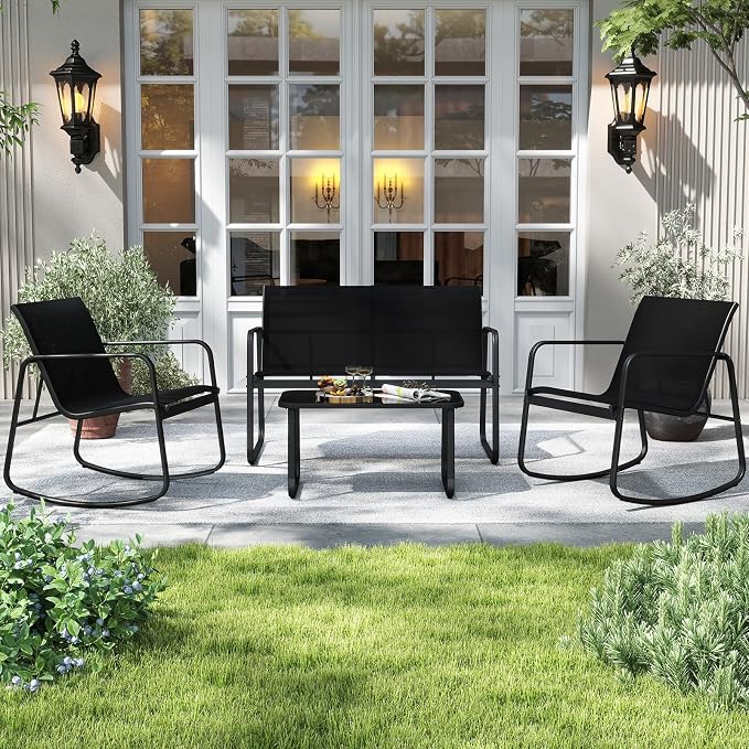 Tangkula 8 Piece Patio Furniture Set, Outdoor Rocking Bistro Set with 4 Rocking Chairs, 2 Loveseats & 2 Tempered Glass Coffee Tables, Porch Rocker Chair Conversation Set for Balcony Poolside Garden