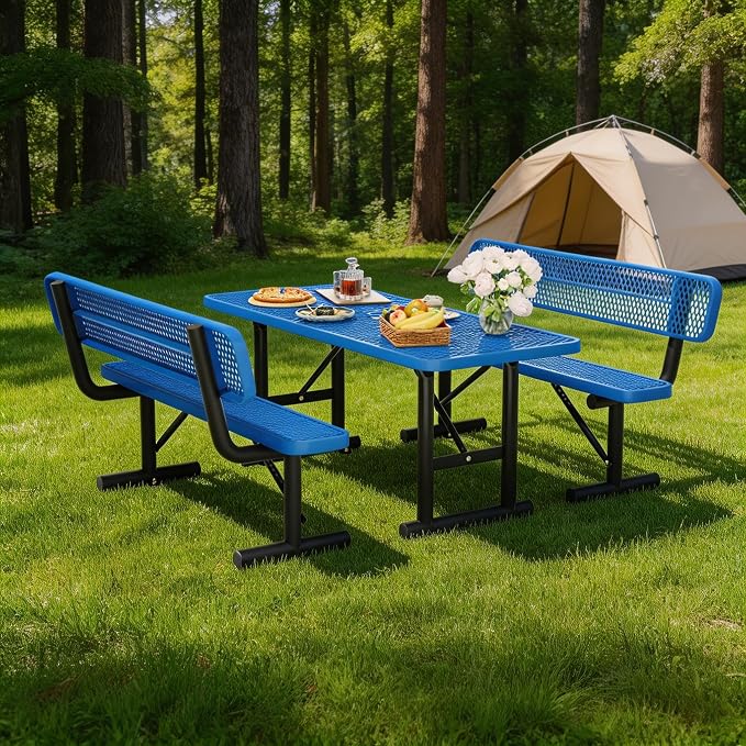6FT Outdoor Metal Picnic Table with 2 Benches,Heavy Duty Rectangular Picnic Table Set for Outside, Waterproof Commercial Restaurant Table Furniture for Park, Campfield, Patio, Garden, Yard