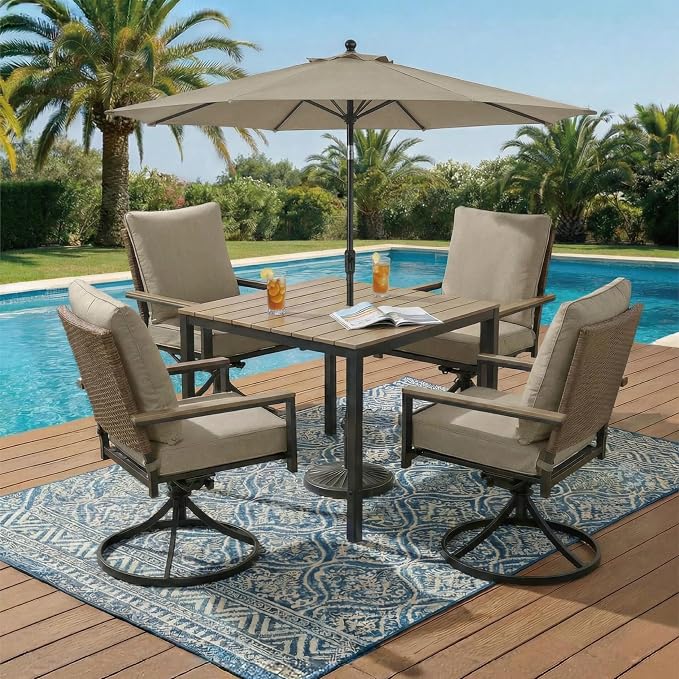 5-Piece Patio Dining Set, 4 Swivel Chairs with Removable Thickened Cushions & Square Table with Umbrella Hole, All-Weather Furniture for Backyard, Garden & Lawn, Beige